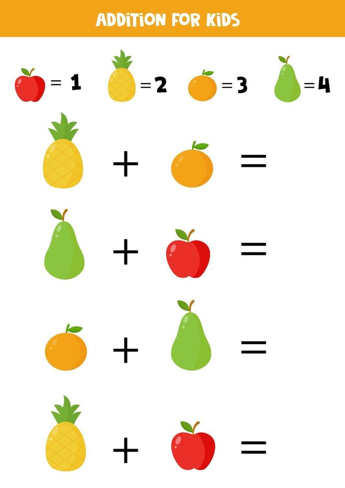 Addition for kids with cute colorful cartoon fruits. vector
