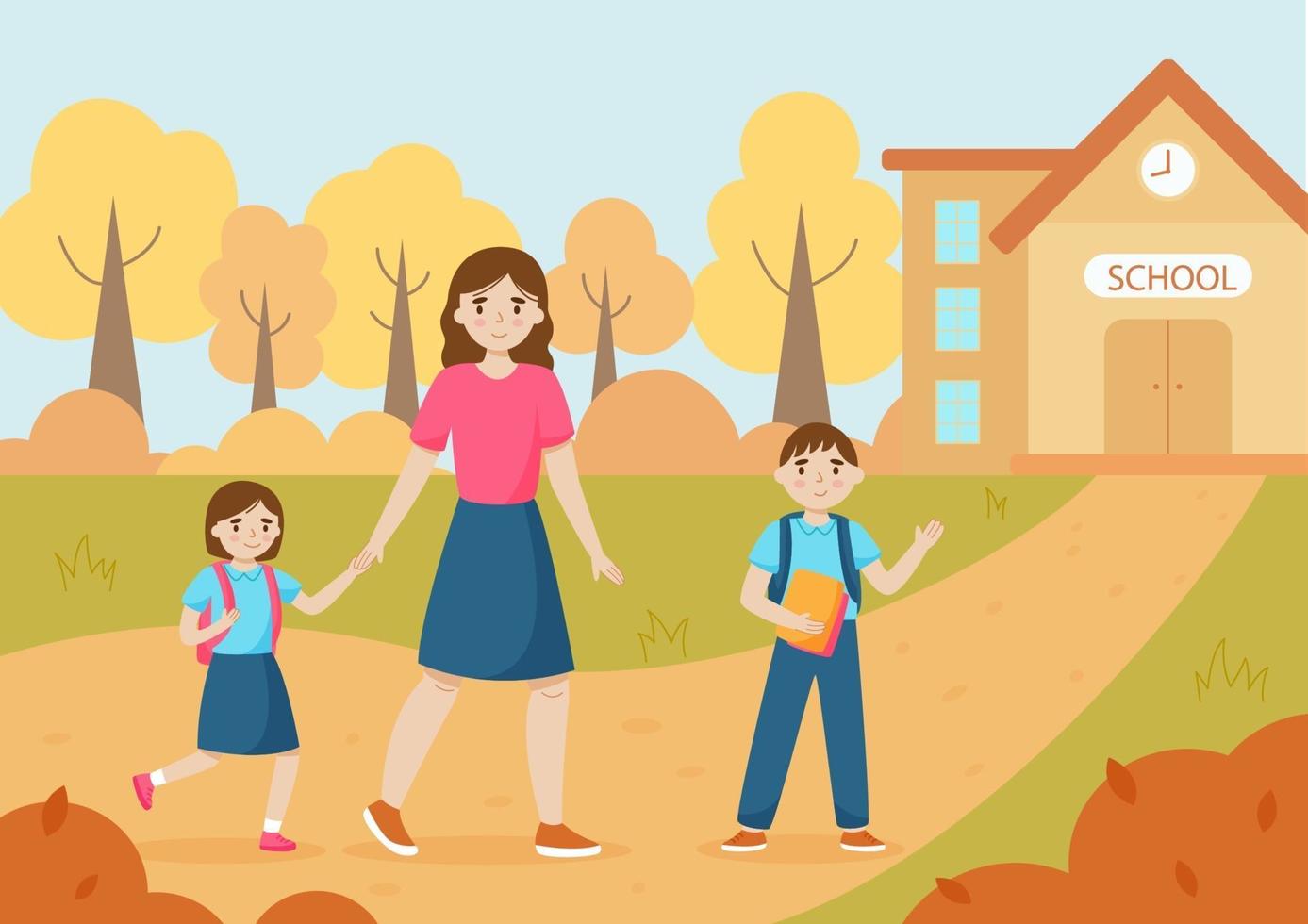 Mother and children go to school together. Vector illustration.