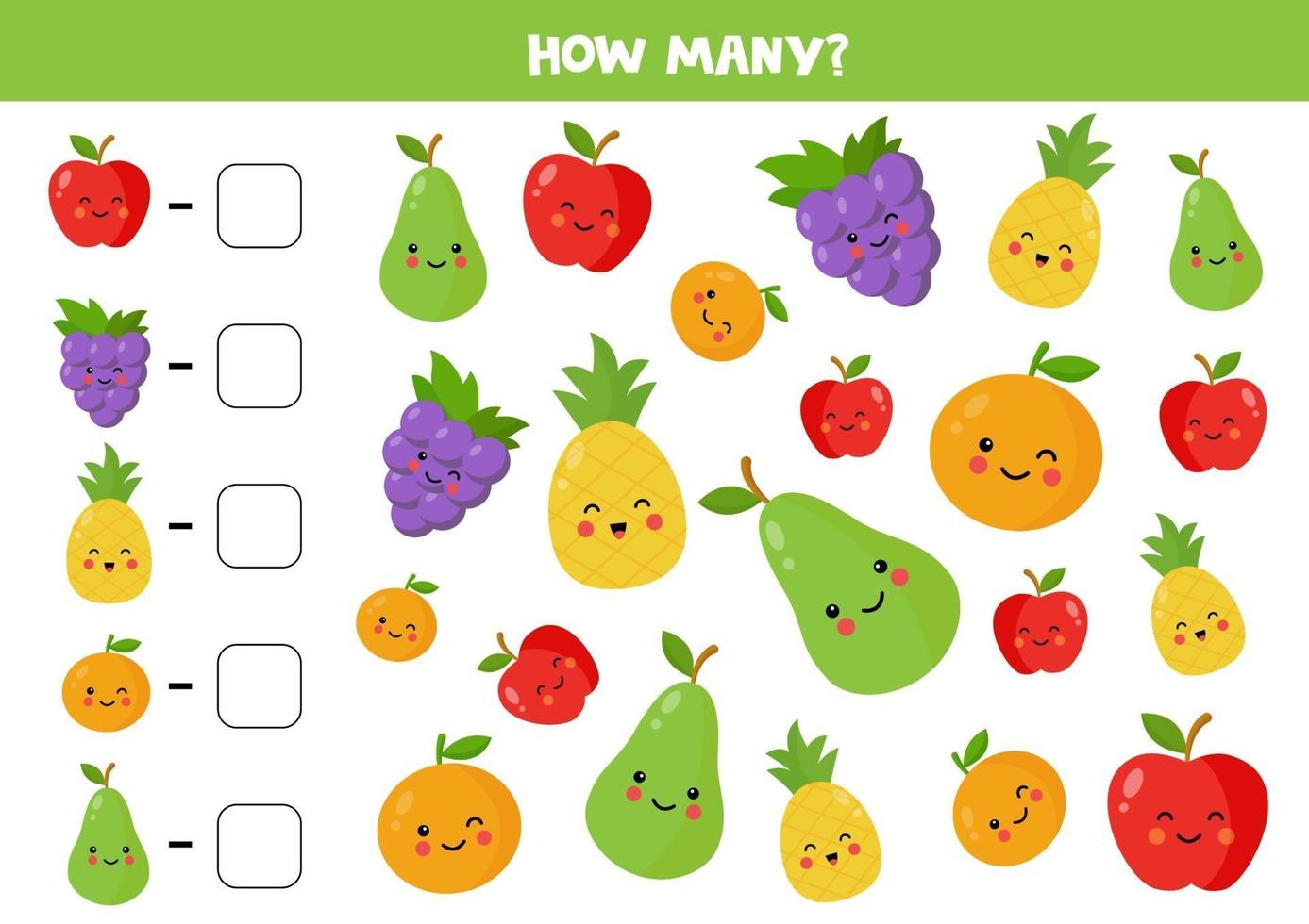 Count the amount of cute kawaii fruits and write down the answer. vector