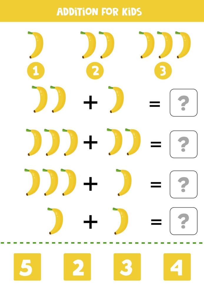 Addition with cartoon bananas. Math game for kids. vector