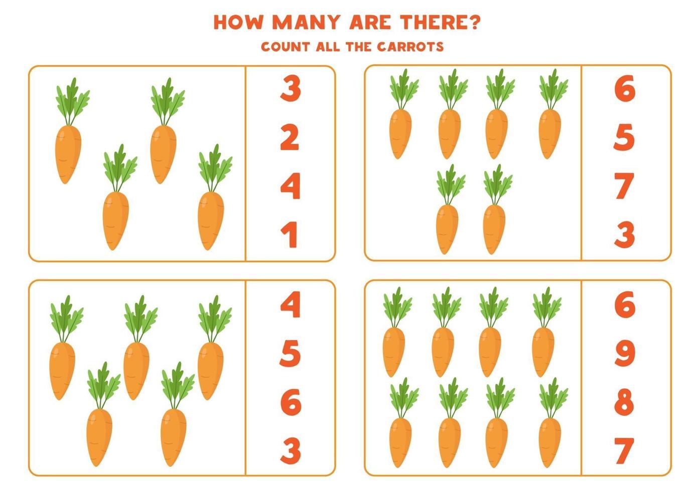 Count the amount of cute cartoon carrots. vector