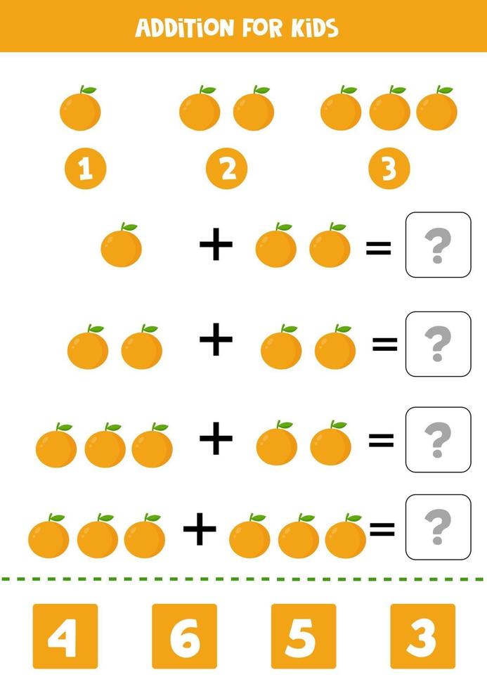 Además con naranjas de dibujos animados. juego de matemáticas para niños. vector