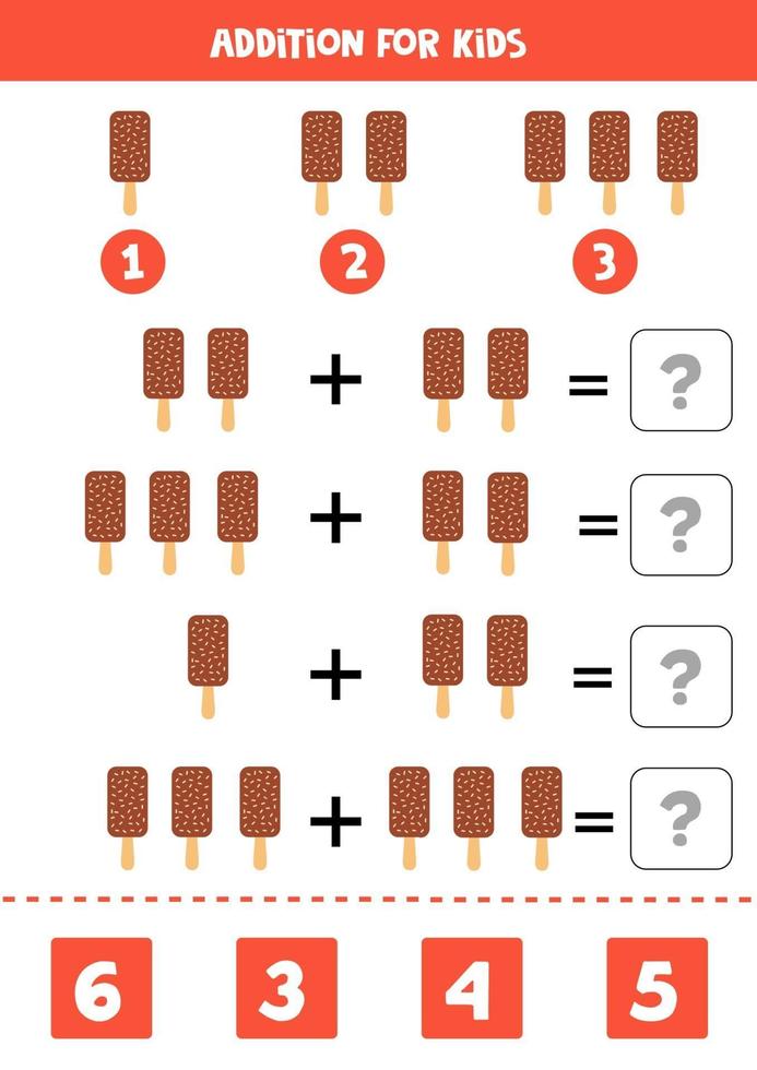 Addition with cute cartoon ice cream. Math game. vector