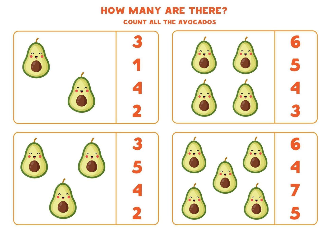 Count the number of avocado fruits. Educational worksheet. vector