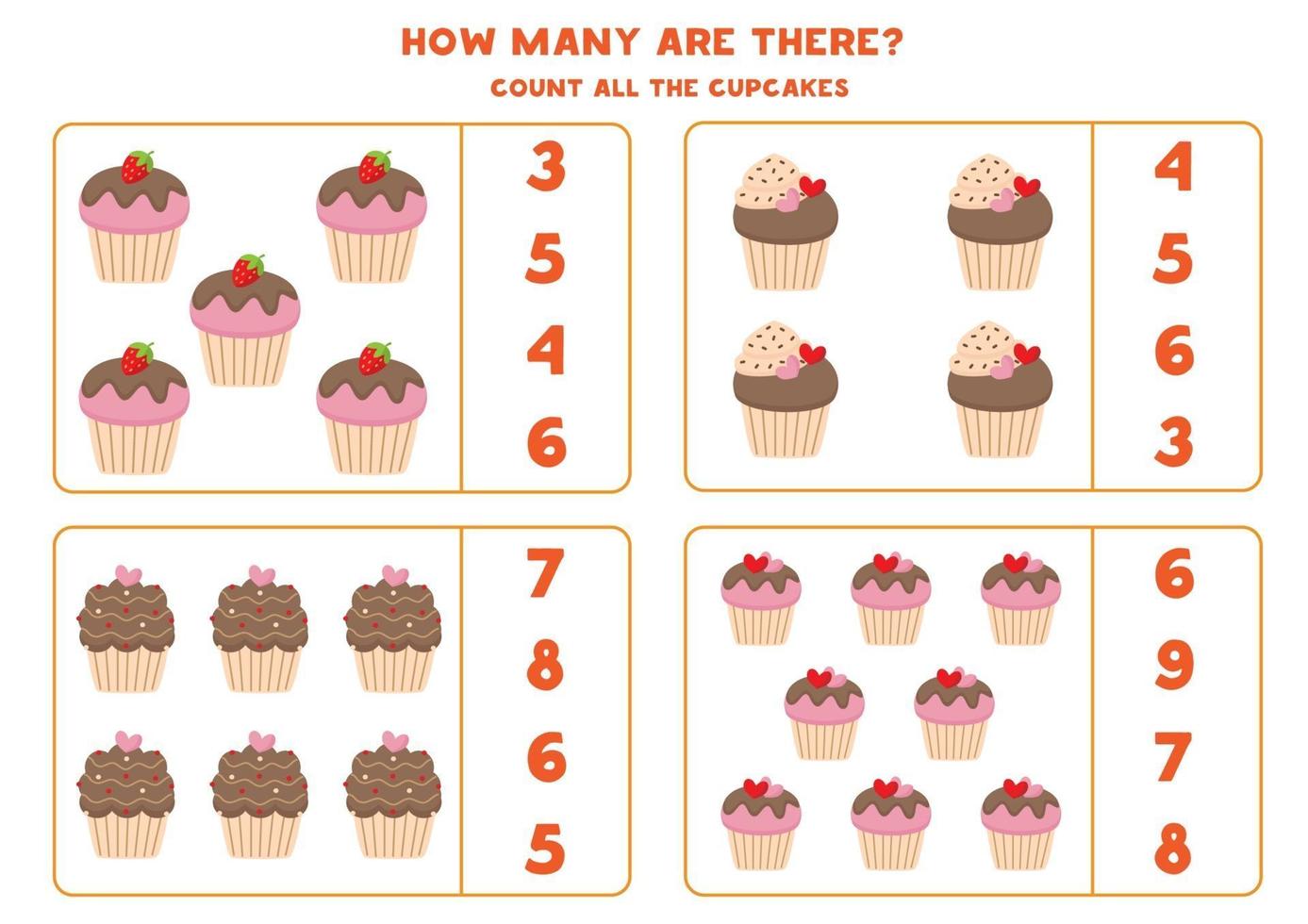 Math game with cupcakes. Count and circle the right answer. vector