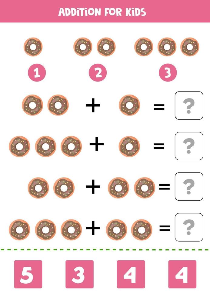 Addition with cartoon donuts. Math game for kids. vector