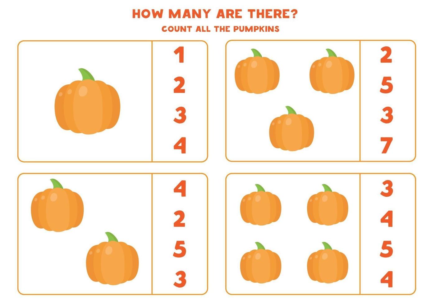 How many pumpkins are there. Count and circle right answer. vector