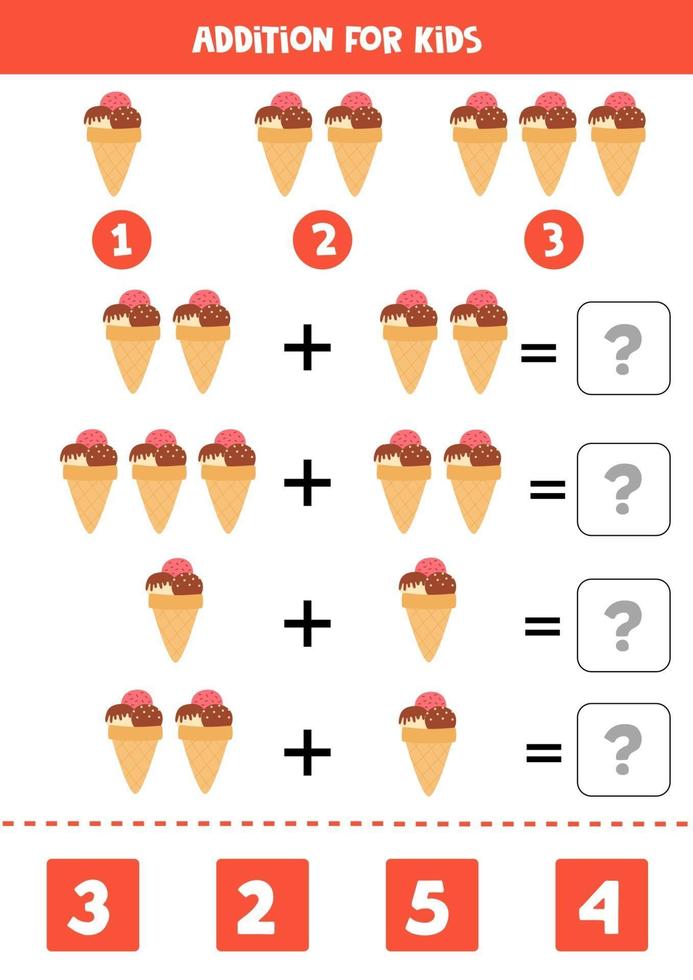 Addition with cartoon ice creams. Math game for kids. vector