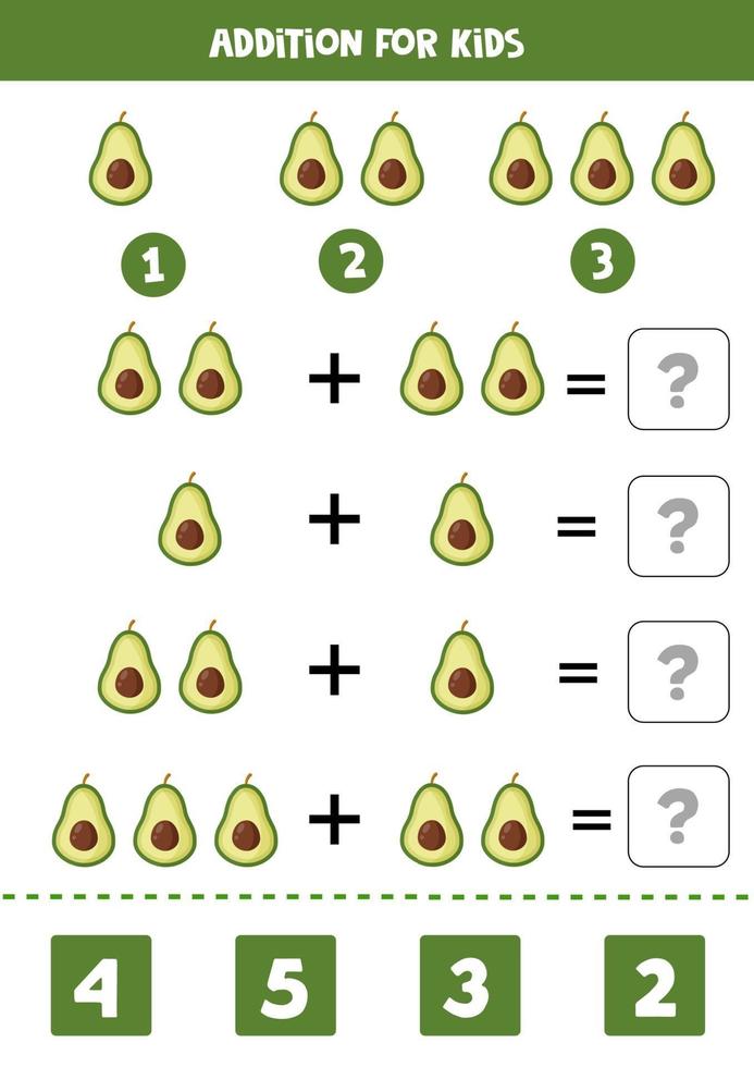 Addition with cute cartoon avocado. Math game. vector