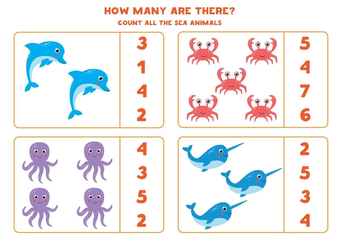 juego de matemáticas con dibujos animados de animales marinos. cuente y encierre en un círculo la respuesta correcta. vector
