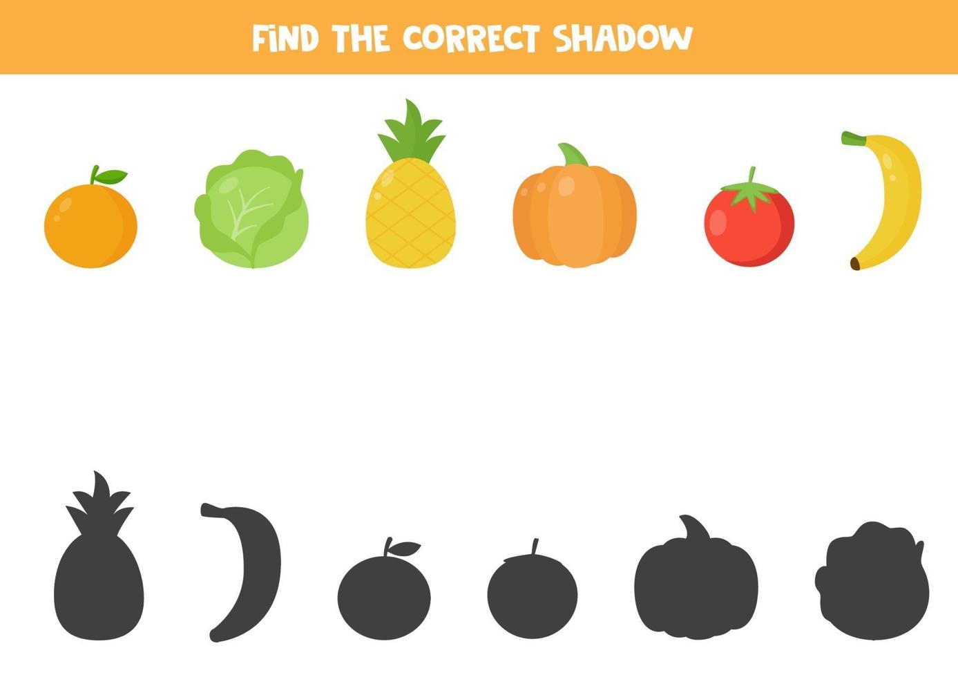 encuentra la sombra correcta de frutas y verduras de dibujos animados. vector