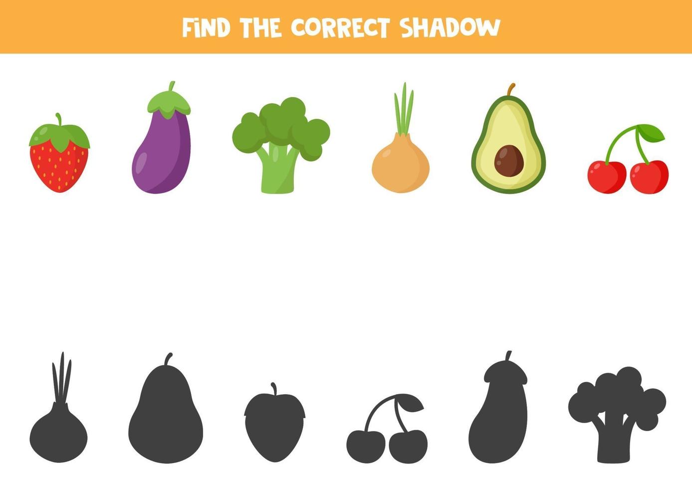 encuentra la sombra correcta de todas las frutas y verduras. vector