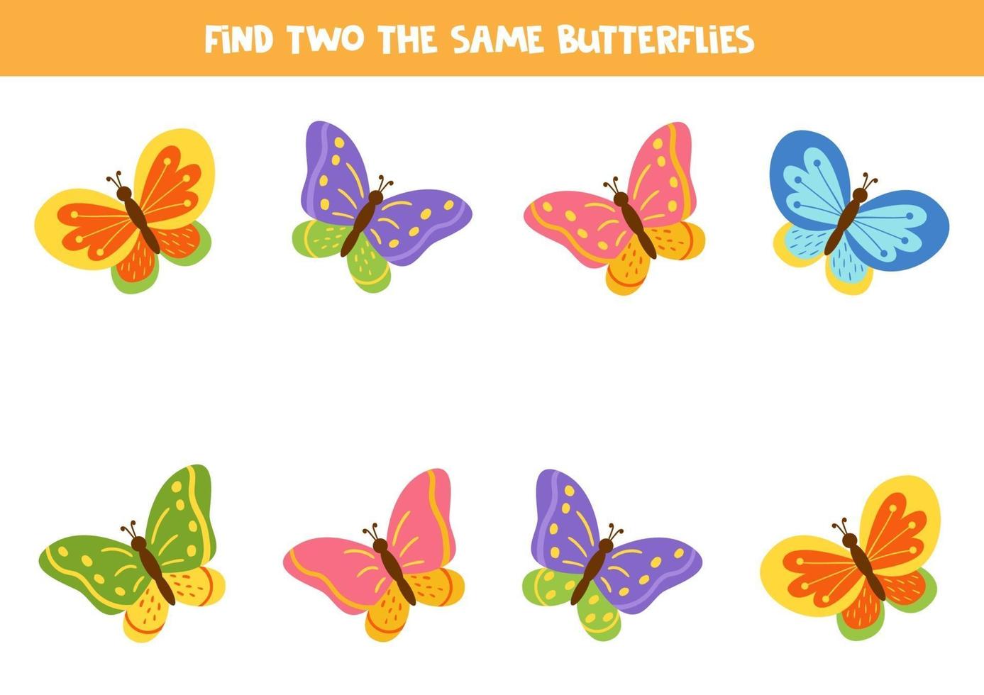 Encuentra dos mariposas de dibujos animados iguales. vector