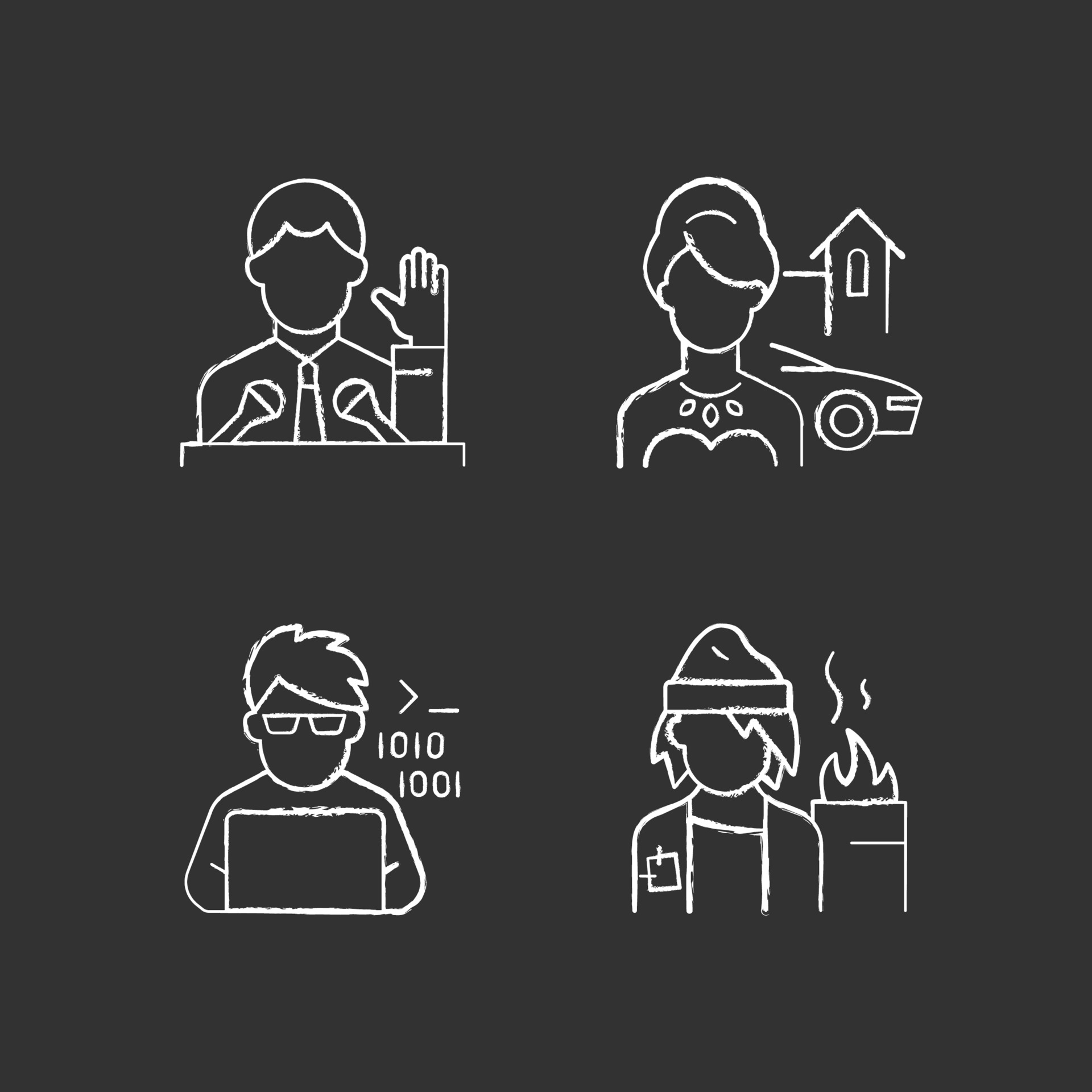Social status type chalk white icons set on black background 2249931