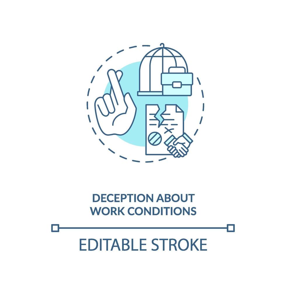 Deception about work conditions blue concept icon vector
