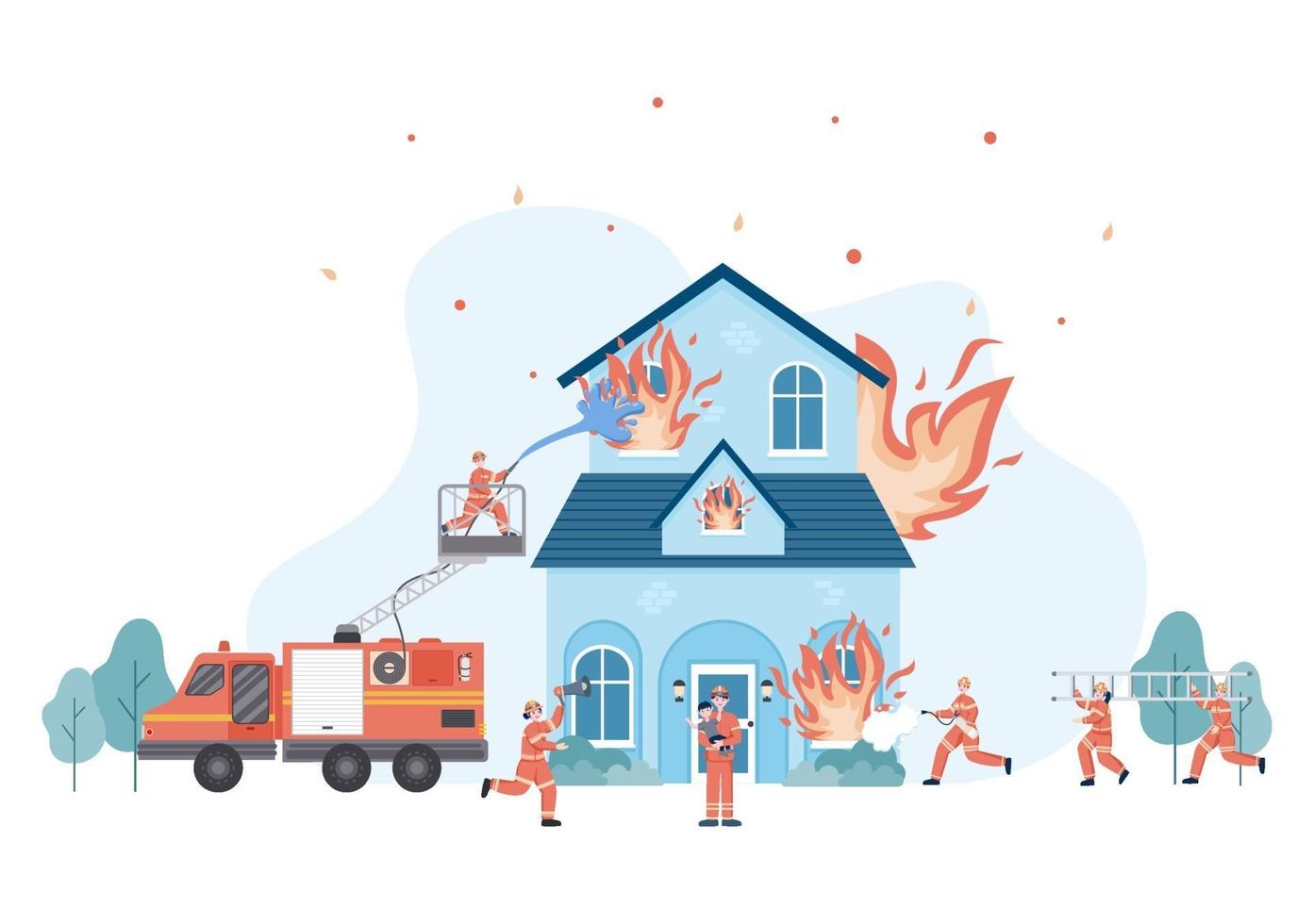 Firefighters With House Fire Engines, Helping People and Animal, Using Rescue Equipment in Various Situations. Vector Illustration