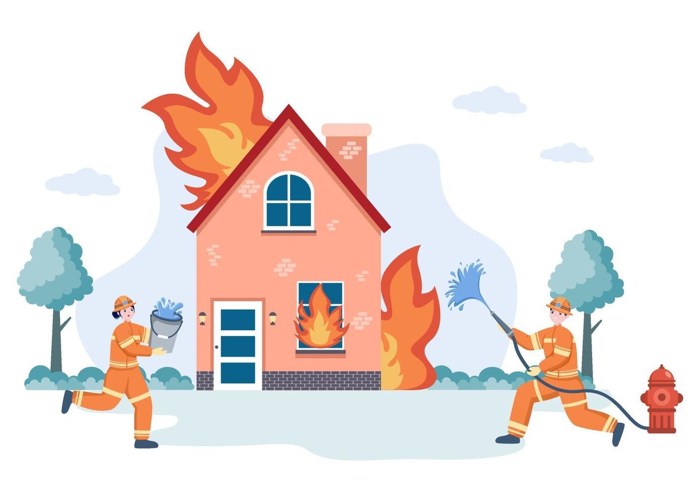 Firefighters With House Fire Engines, Helping People and Animal, Using Rescue Equipment in Various Situations. Vector Illustration