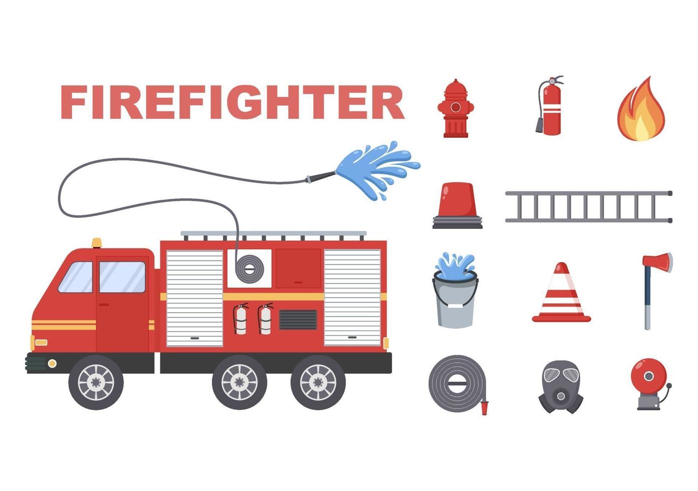 Firefighters With House Fire Engines, Helping People and Animal, Using Rescue Equipment in Various Situations. Vector Illustration