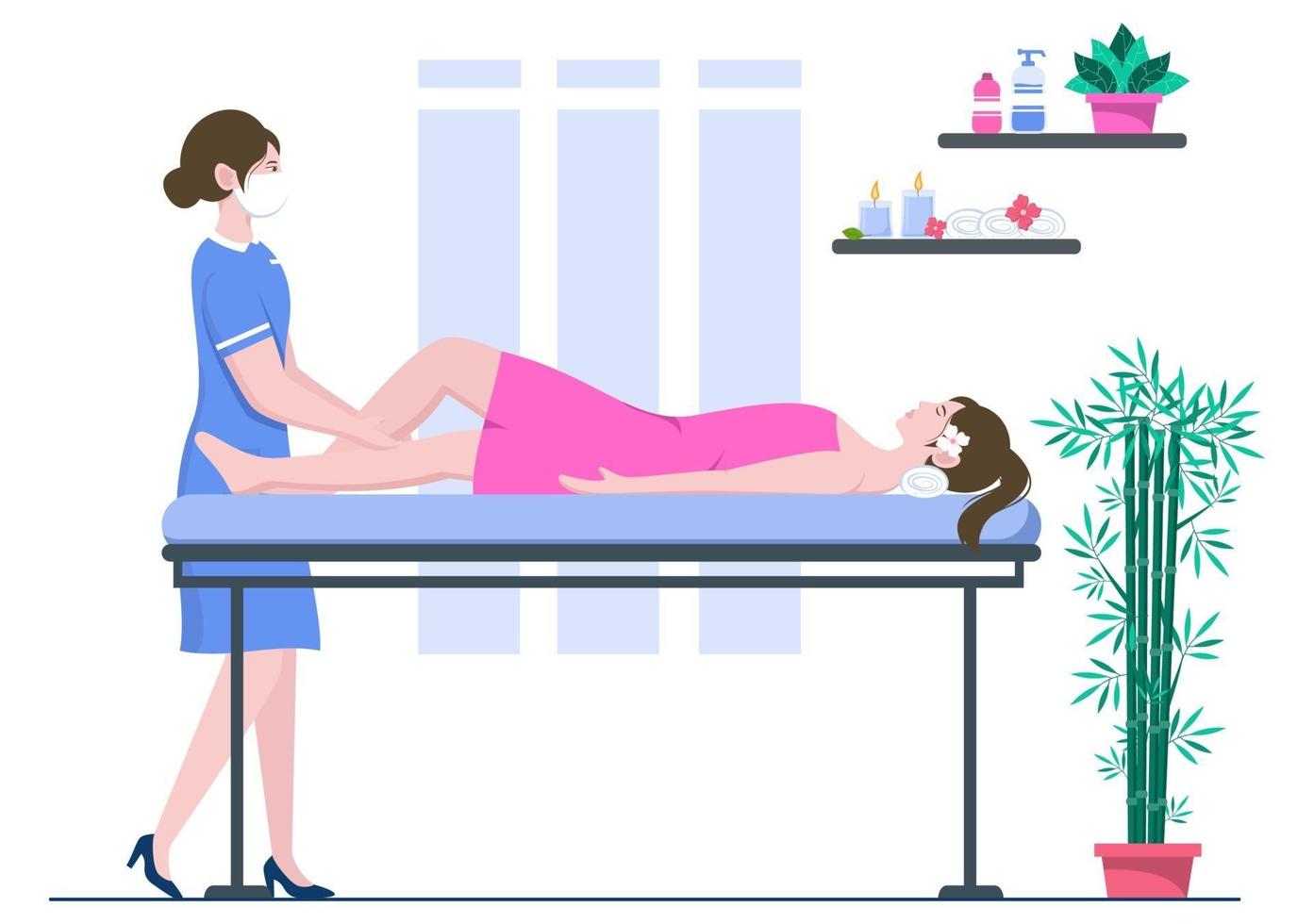 Massage Vector Illustration In Beauty Salon, Body Spa, Relaxation, Facial Essential And Skincare. Flat Design