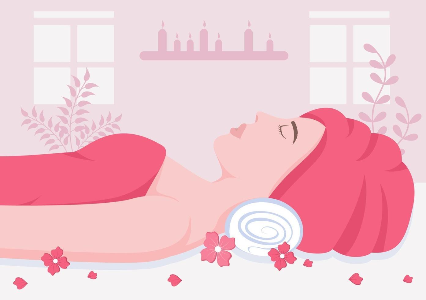 Ilustración de vector de masaje en salón de belleza, spa corporal, relajación, facial esencial y cuidado de la piel. diseño plano
