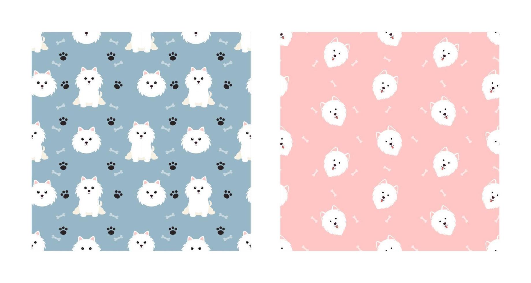 Set Character Seamless Pattern Animal Of Cute Samoyed Dog Can Be Used as Designs Wallpapers or Backgrounds. Vector Illustration