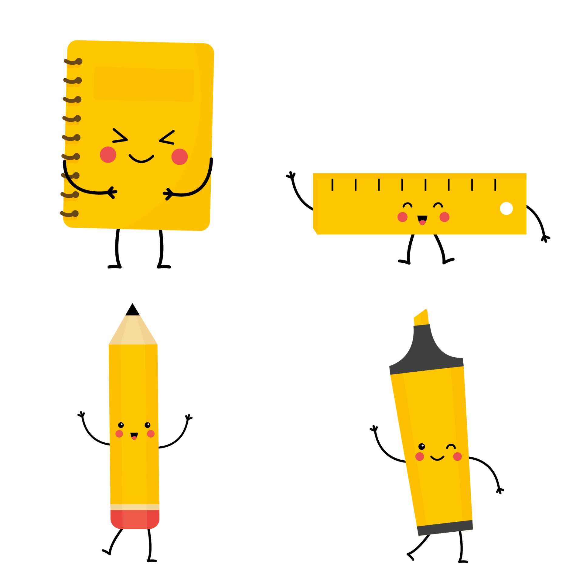 Set of cute kawaii stationery. Vector notebook, pencil, highlighter