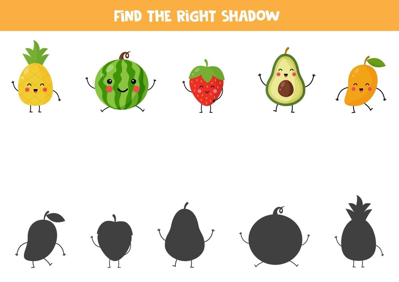 encuentra la sombra correcta de lindas frutas kawaii. vector