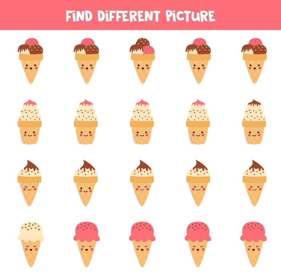 encuentre diferentes helados en cada fila. juego de lógica. vector