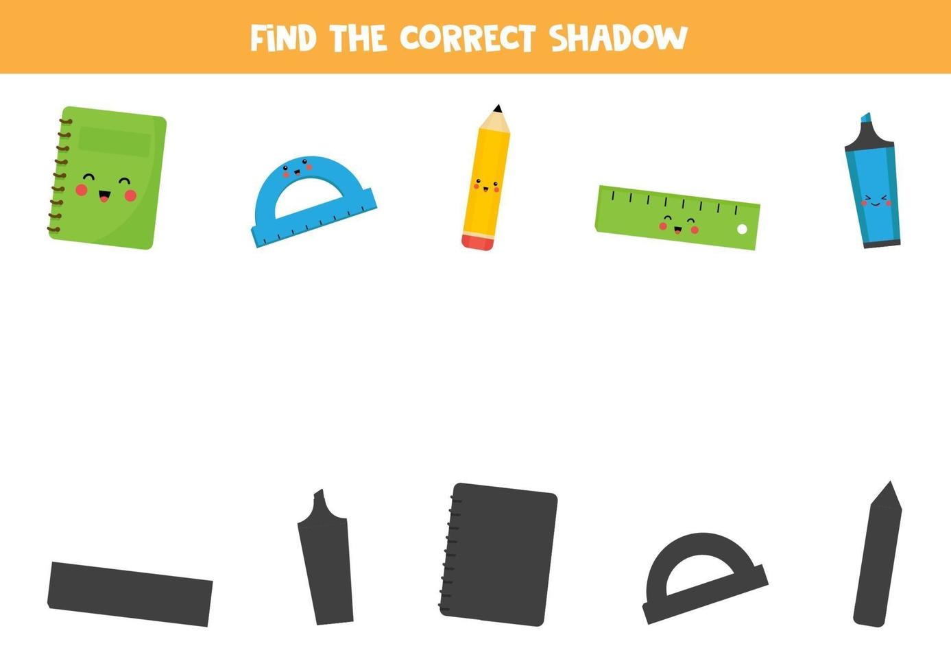 Find the right shadow of school stationery. vector