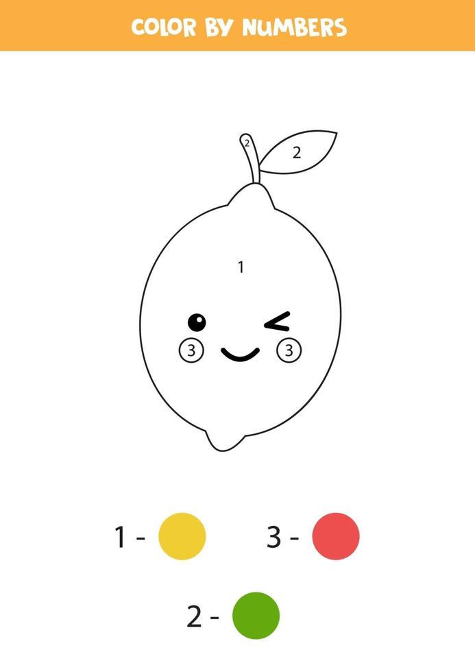 Coloring book with cute kawaii lemon. Color by numbers. vector