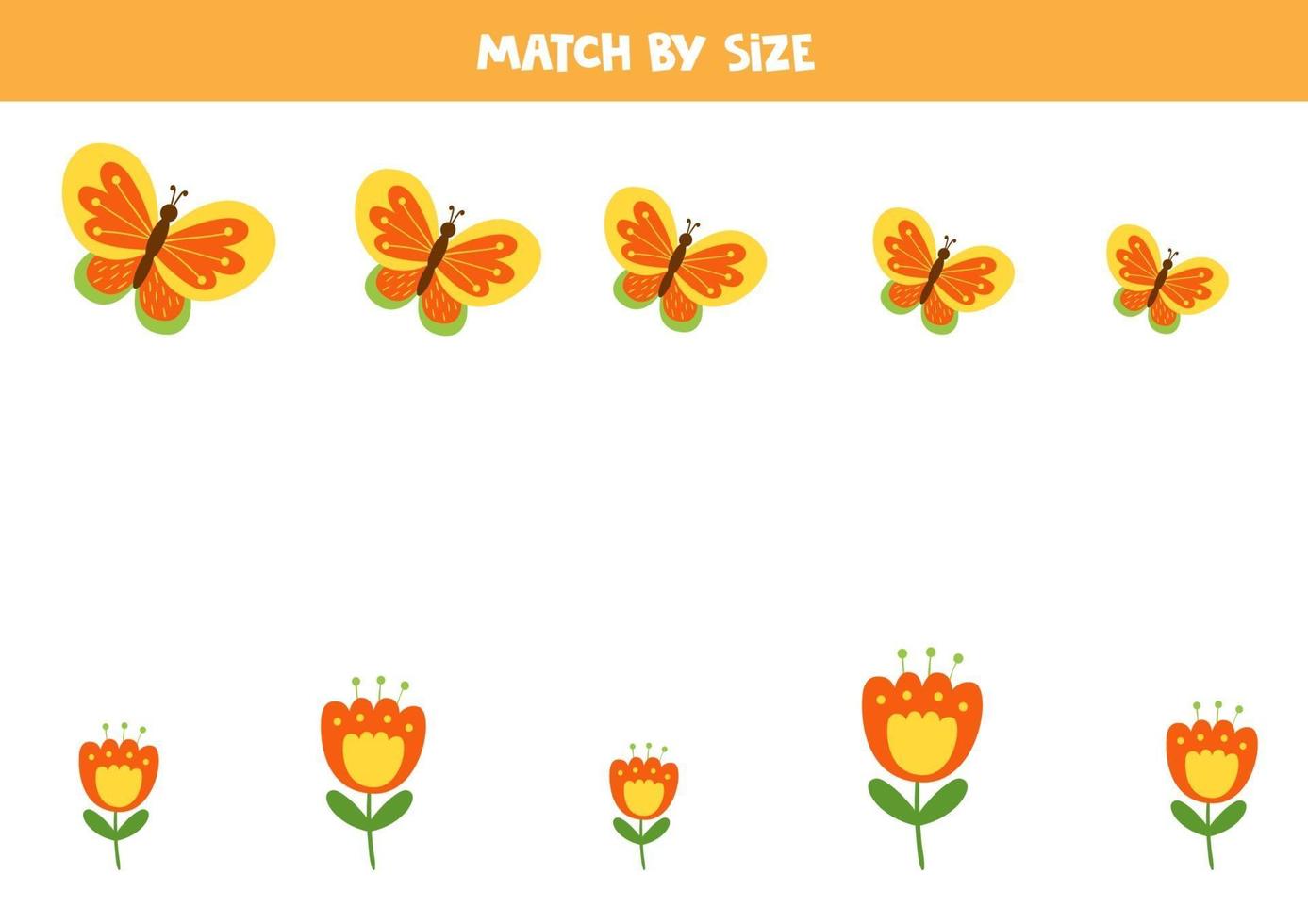 Haga coincidir la mariposa y la flor por tamaño. juego educativo para niños. vector