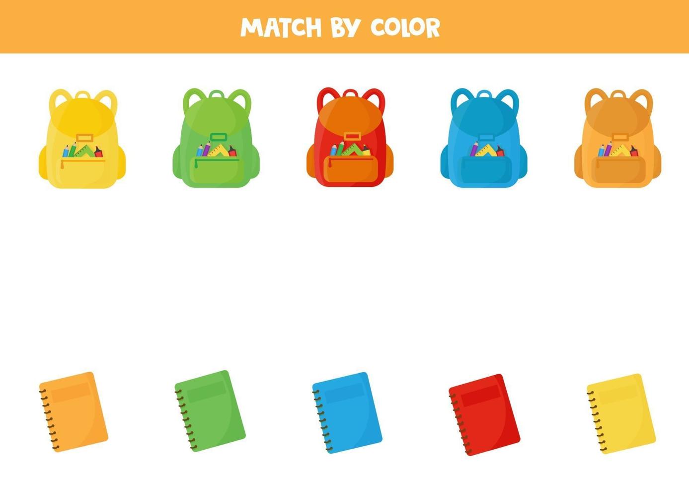 Match school backpack and copybook by color. vector