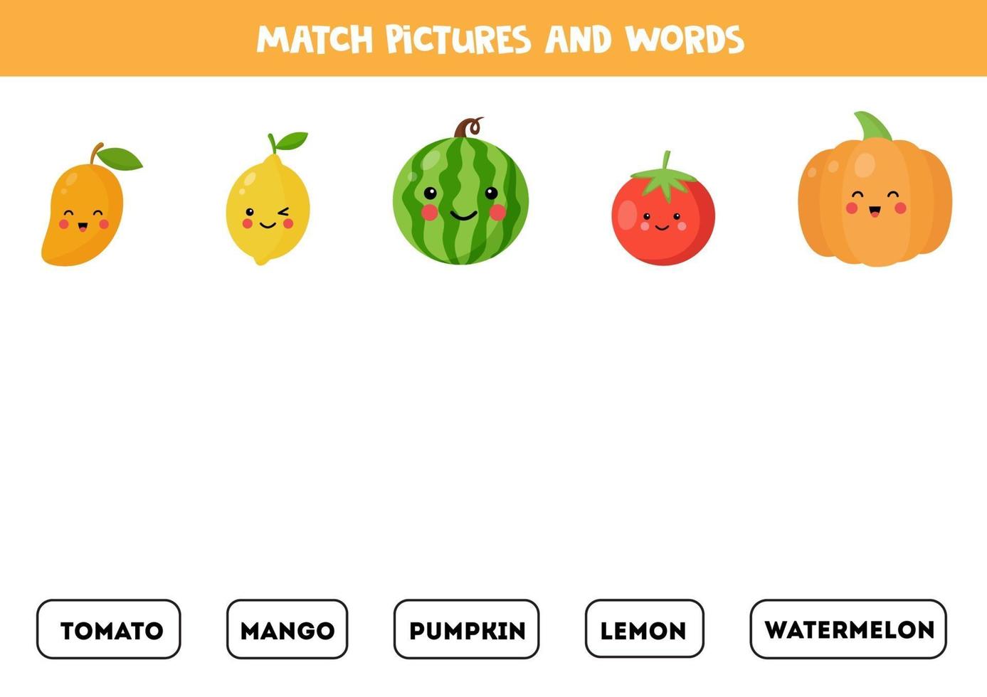 Match kawaii fruits and vegetables with the written words. vector