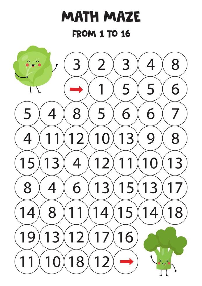 Math game from 1 to 16. Cute kawaii cabbage goes to the kawaii broccoli. vector