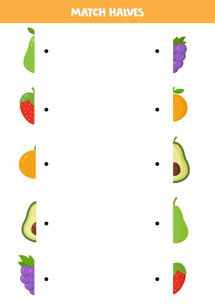 Match halves of cute cartoon fruits. Logical worksheet. vector