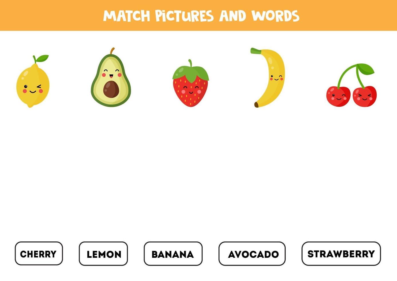 Match fruits and berries with the written words. vector