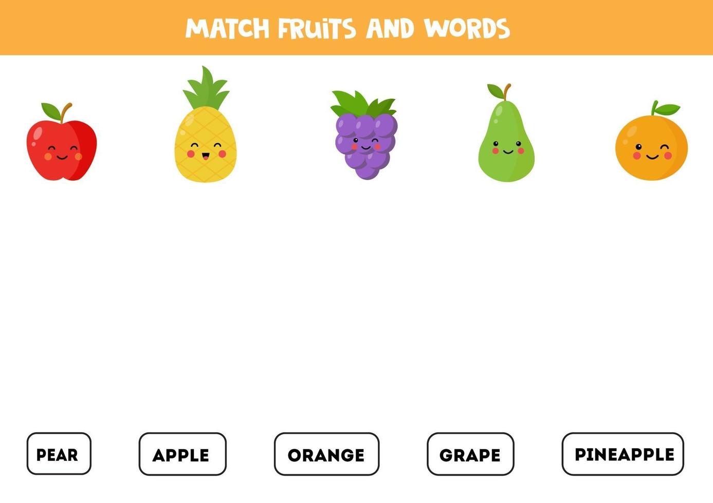 emparejar frutas con las palabras. juego de gramática inglesa. vector