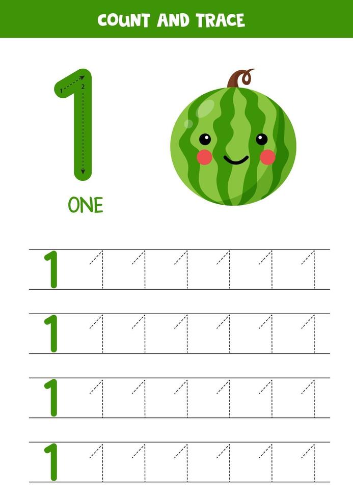 Worksheet for learning numbers with cute kawaii watermelon. Number 1. vector