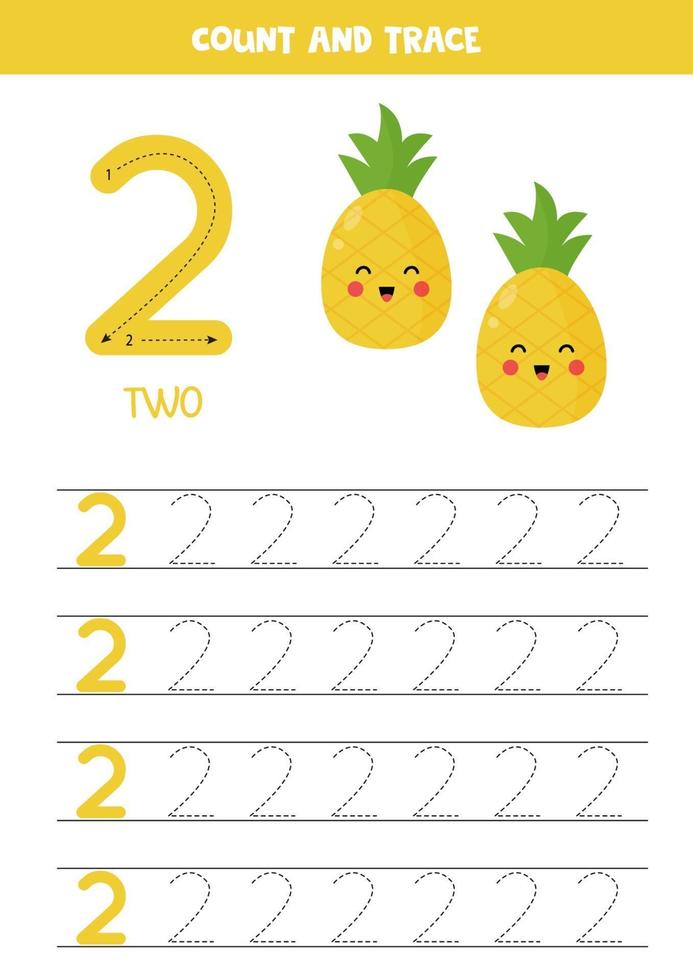 Worksheet for learning numbers with cute pineapples. Number 2. vector