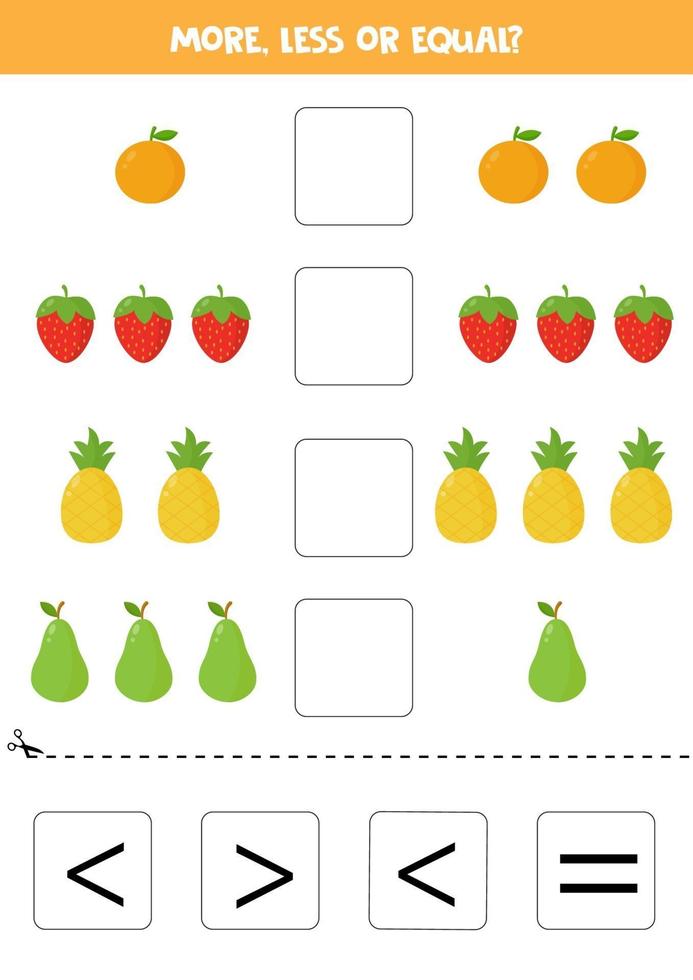 More, less, or equal with cute cartoon fruits. vector