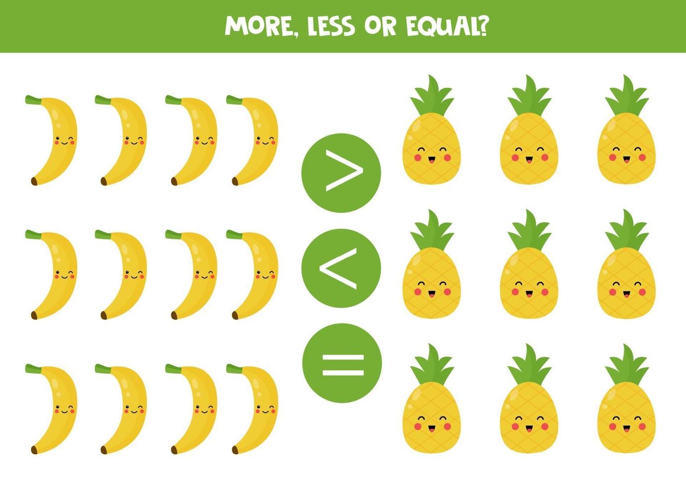 More, less, equal. Comparison of cute kawaii fruits. vector