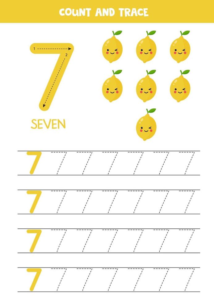 hoja de trabajo para niños. siete lindos limones kawaii de dibujos animados.  número de rastreo 7. 2250427 Vector en Vecteezy