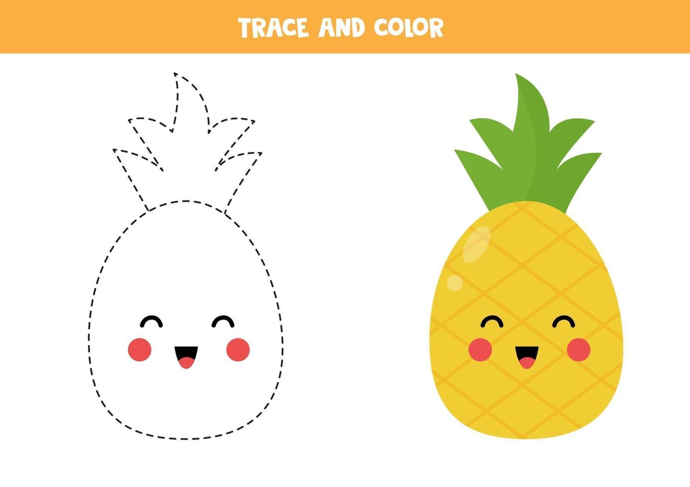 Trace and color cute kawaii pineapple fruit. vector