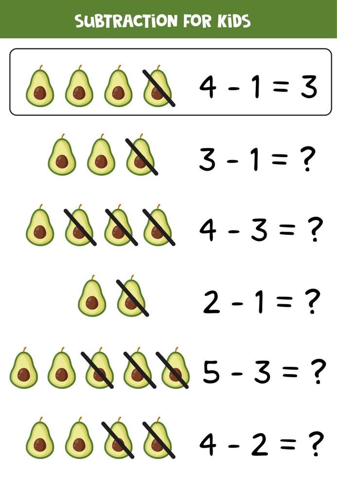 Subtraction with cute cartoon avocado. Math game. vector