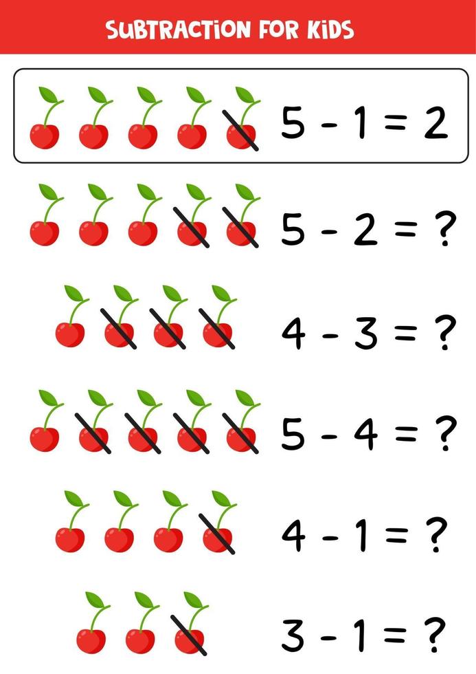 Subtraction with cute cartoon cherries. Math game. vector