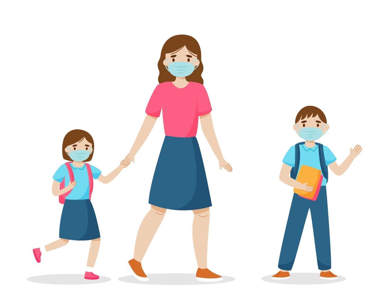 Mother and children go to school wearing sanitary masks. Vector illustration.