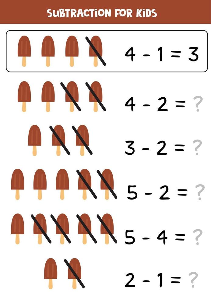 Subtraction with cute cartoon chocolate ice creams. vector
