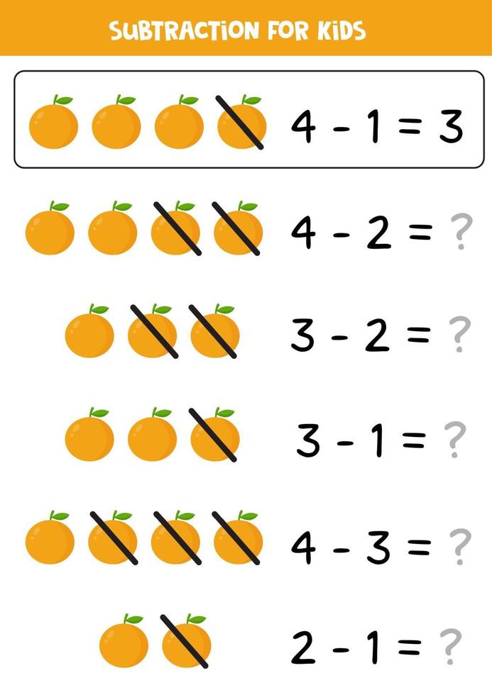 Subtraction for kids with cute cartoon oranges. vector