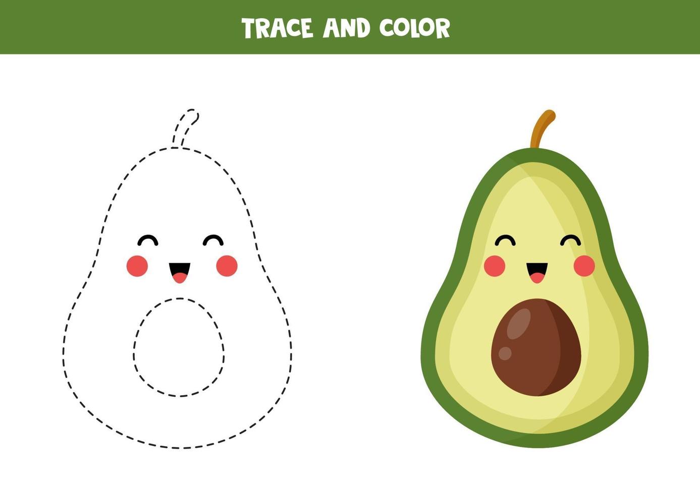 Trace and color cute kawaii avocado. Handwriting practice for children. vector