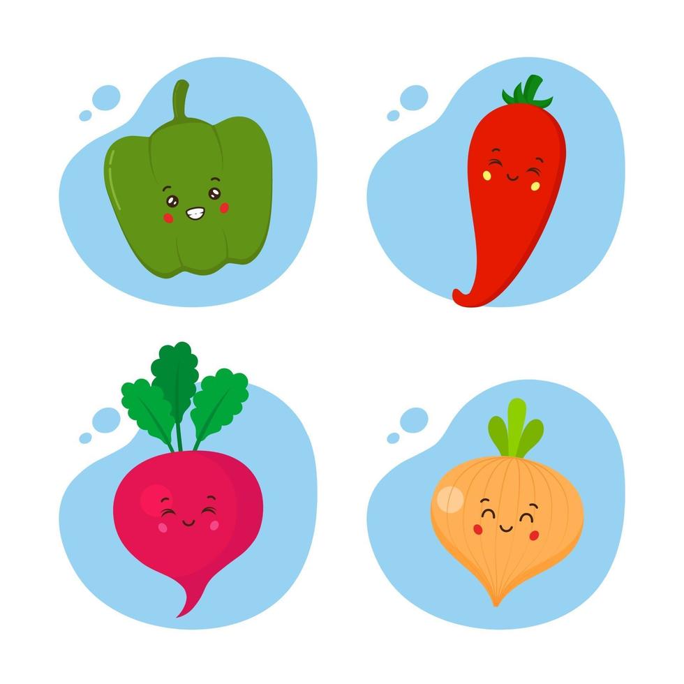 juego de 4 verduras kawaii vector